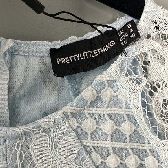 NWT PrettyLittleThing Dusty Blue Frill Hem Lace Bodycon Size 4 - Picture 8 of 12